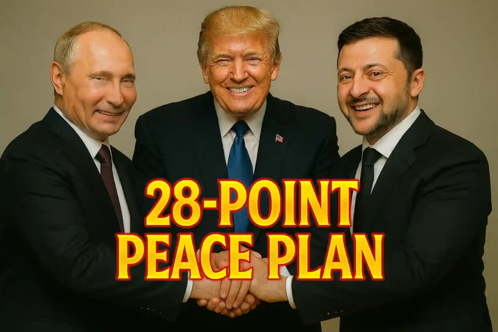 A photorealistic image of Vladimir Putin, Donald Trump, and Volodymyr Zelensky smiling as Trump guides a handshake between Putin and Zelensky, with bold golden text reading “28-POINT PEACE PLAN.”