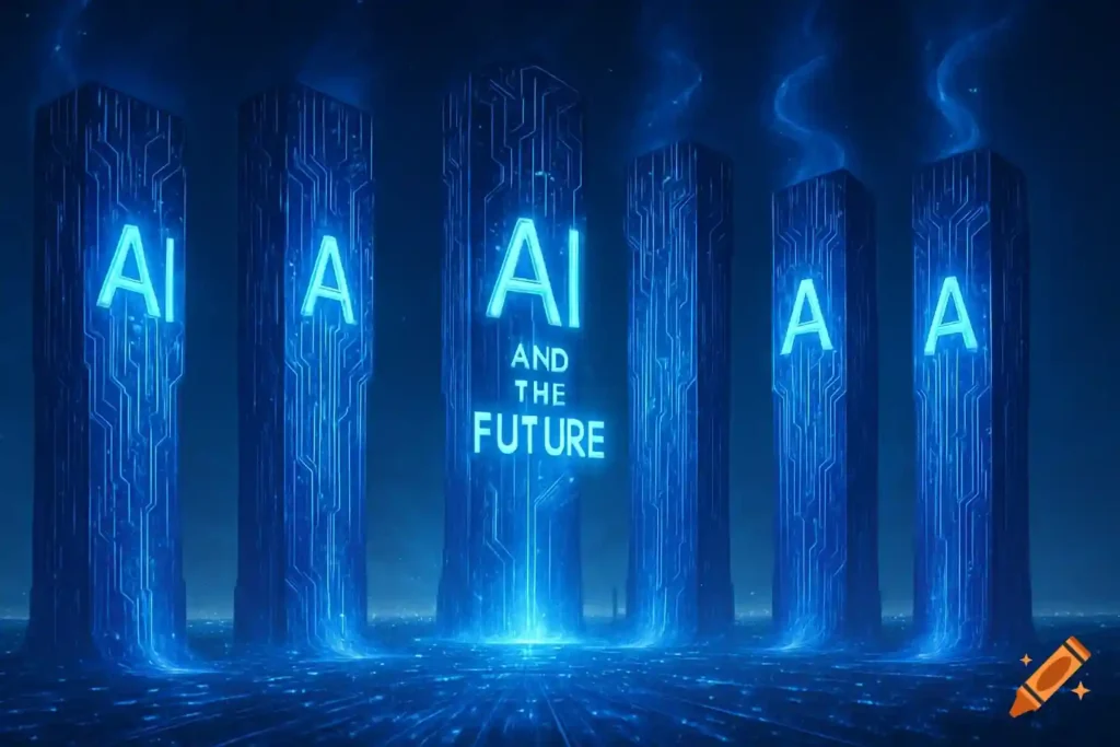 Five pillars labeled “AI” with the center pillar titled “AI and the Future,” representing key factors in the U.S.-China AI race.