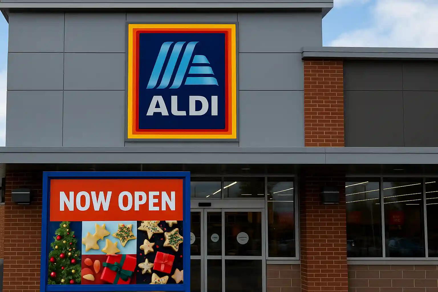 A newly opened ALDI store with a large ALDI logo and a festive “Now Open” sign, representing the ongoing ALDI expansion.