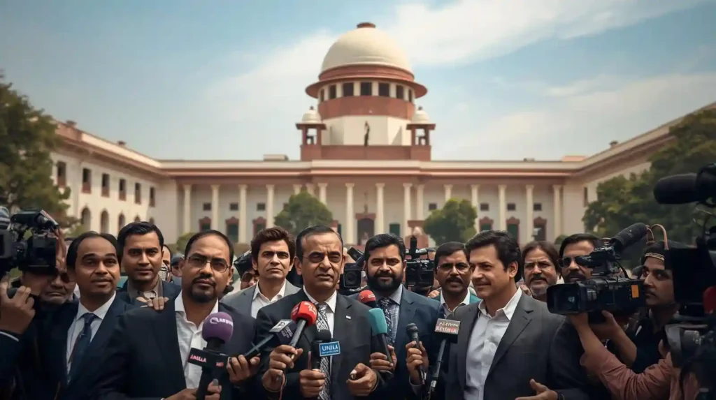 Supreme Court of India with media coverage outside, representing the Air India crash update