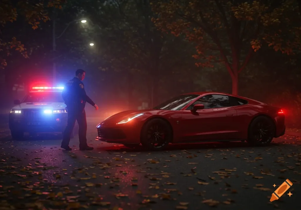 Police car with flashing lights in Chamblee during news-style depiction of the Akon arrest.