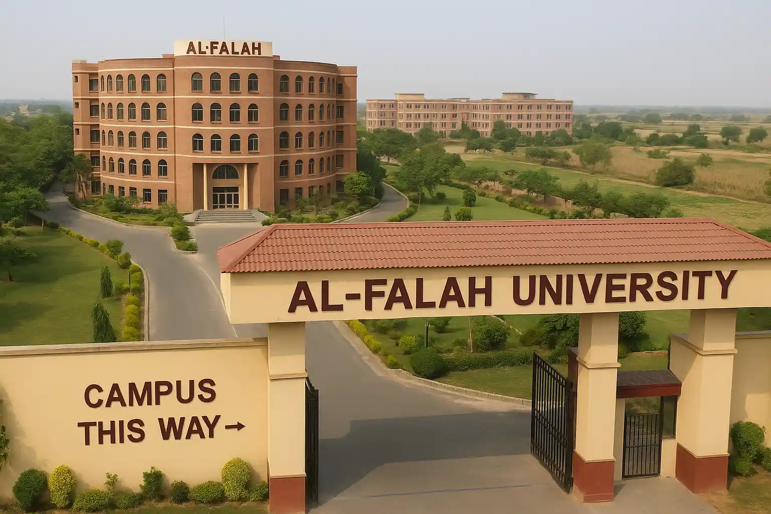 Aerial view of Al-Falah University showing the main entrance gate, landscaped campus roads, and multi-storey academic buildings surrounded by greenery.