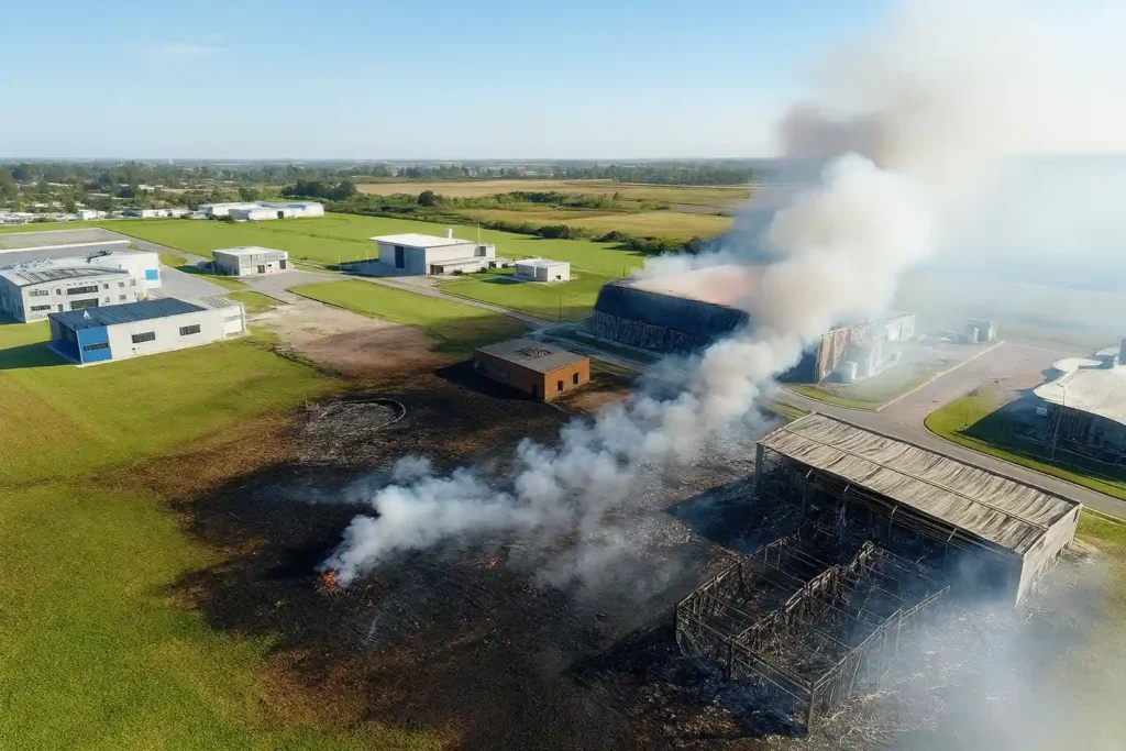 Aerial view of the Argentina factory explosion site in Ezeiza showing burned structures, rising smoke, and surrounding industrial buildings.