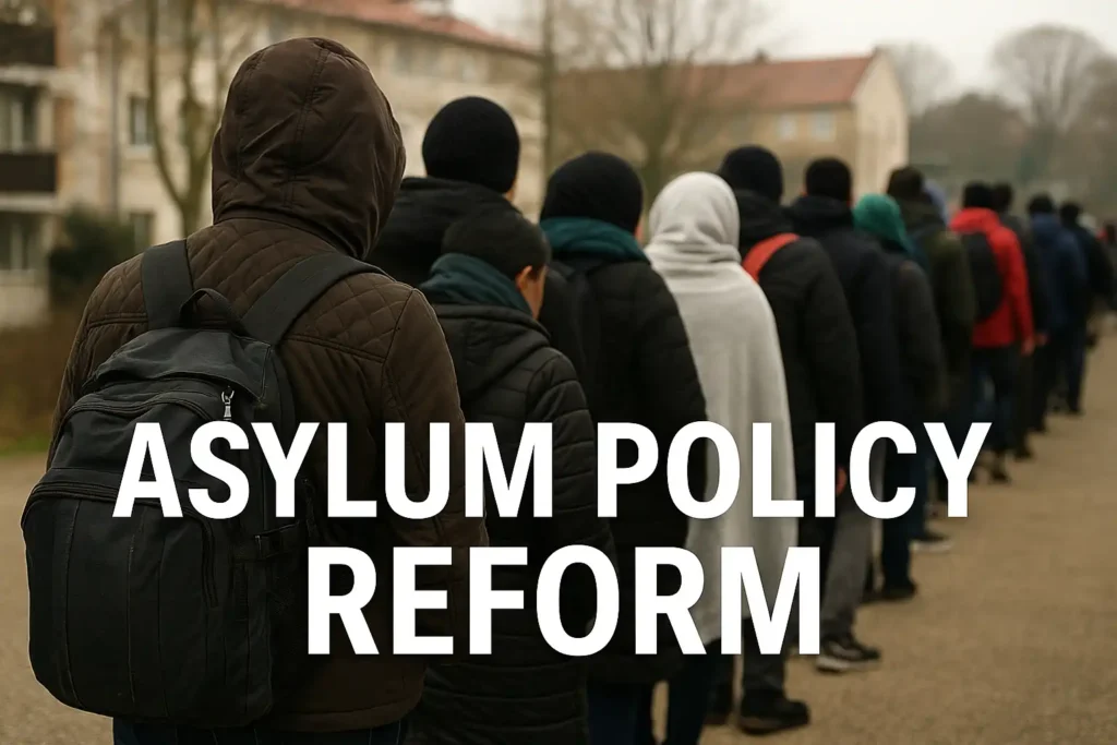 A long line of asylum seekers standing outdoors in cold weather clothing, facing away from the camera, with the words “Asylum Policy Reform” displayed over the image.