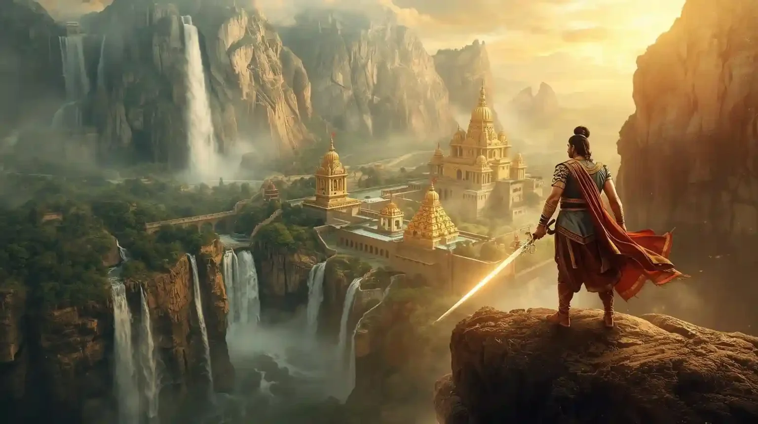 A warrior overlooking the kingdom of Mahishmati with waterfalls and temples in the background, representing the grandeur of Baahubali The Epic.