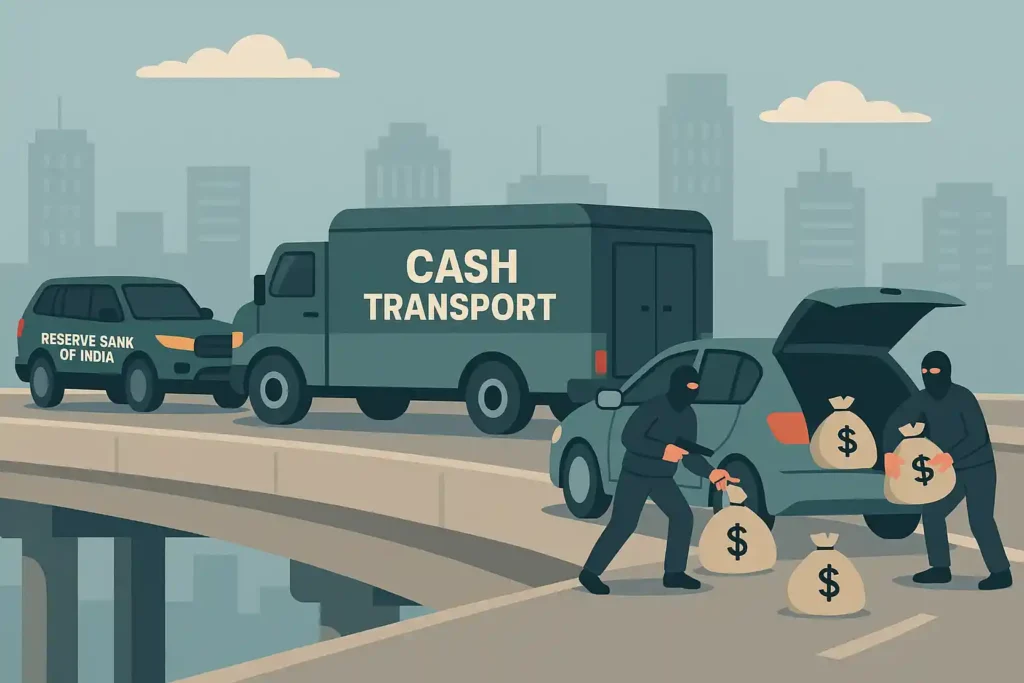 Illustration of masked robbers transferring money bags from a cash van during the Bengaluru cash van heist on a city flyover.