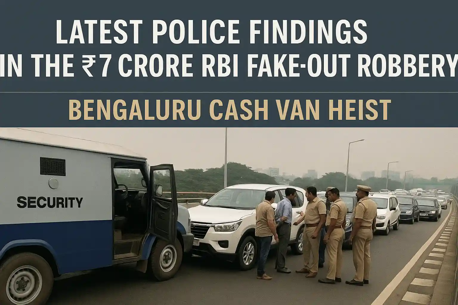 Security van and police officers on a Bengaluru flyover during an investigation scene representing the Bengaluru cash van heist.