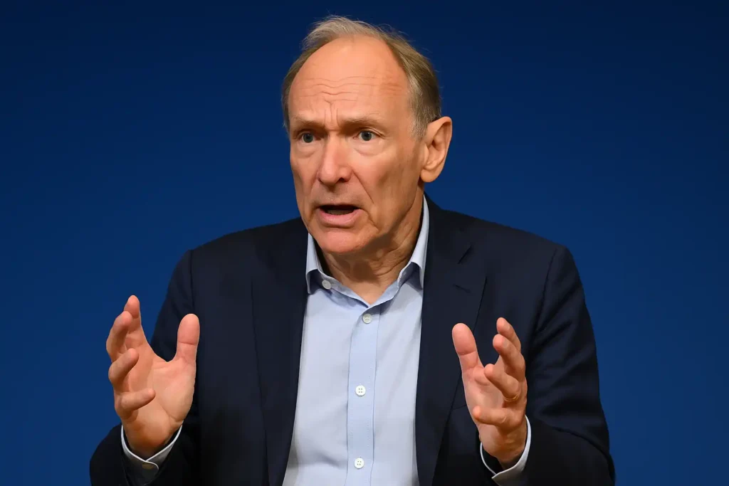 Tim Berners-Lee speaking during a presentation as he highlights the Berners-Lee AI warning about the future of the internet.