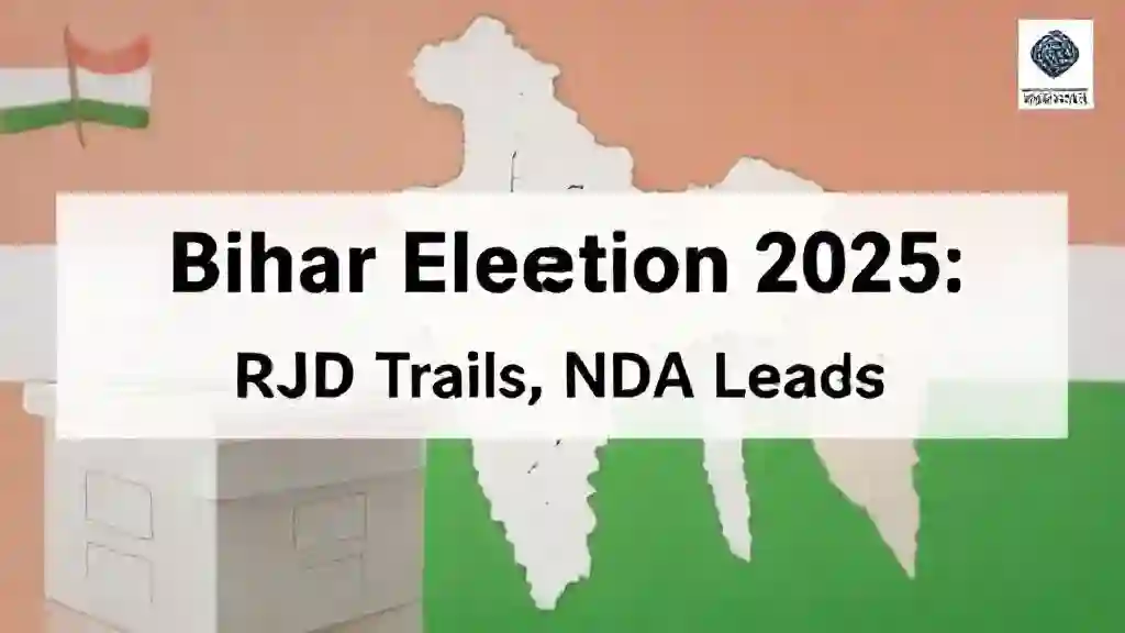Digital composite image featuring ballot boxes, EVM machines, and a Bihar map with the headline “Bihar Election 2025: RJD Trails, NDA Leads,” representing election trends and analysis.