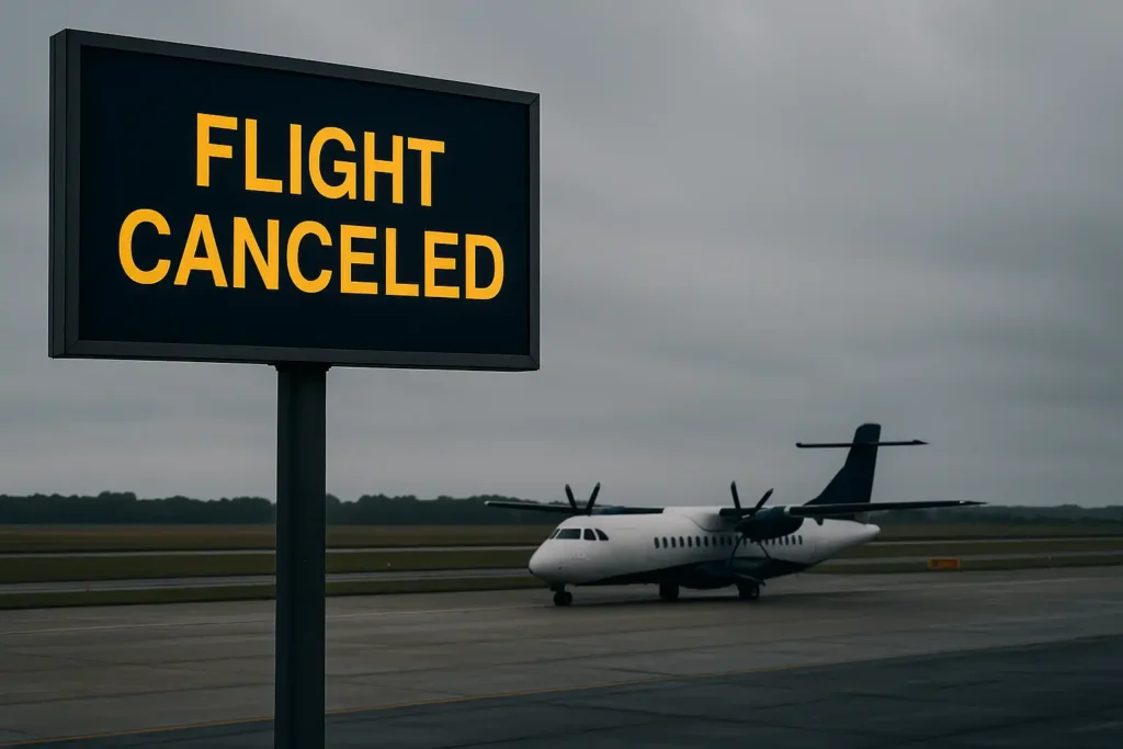 A large “Flight Canceled” sign at an airport with a grounded turboprop aircraft in the background under cloudy skies.