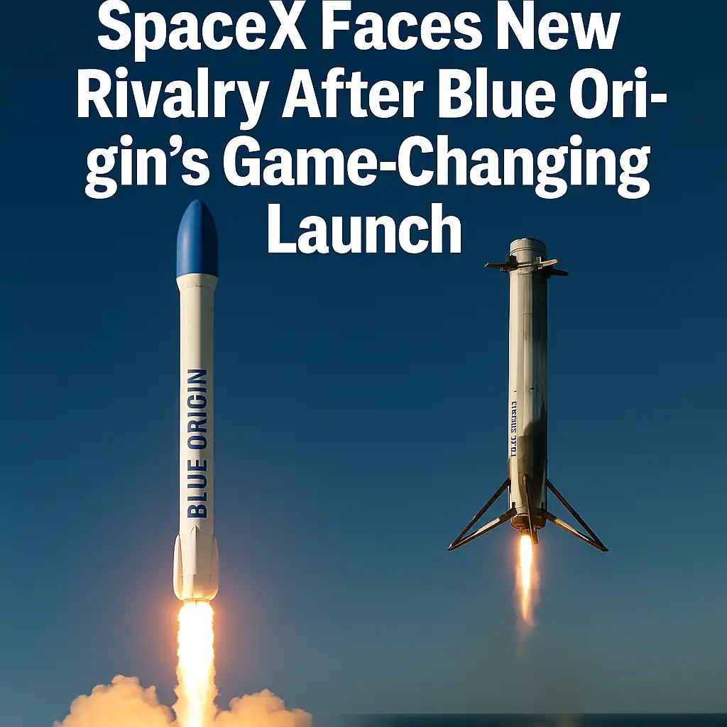AI-generated image showing a Blue Origin rocket launching and a returning booster, representing the Blue Origin rocket launch that intensifies competition with SpaceX.