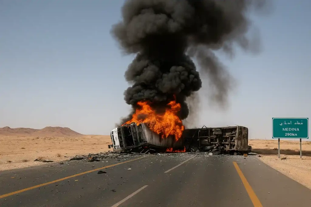 A burning tanker and overturned vehicle on a desert highway near Madinah, with thick black smoke rising into the sky after the Madinah bus crash.