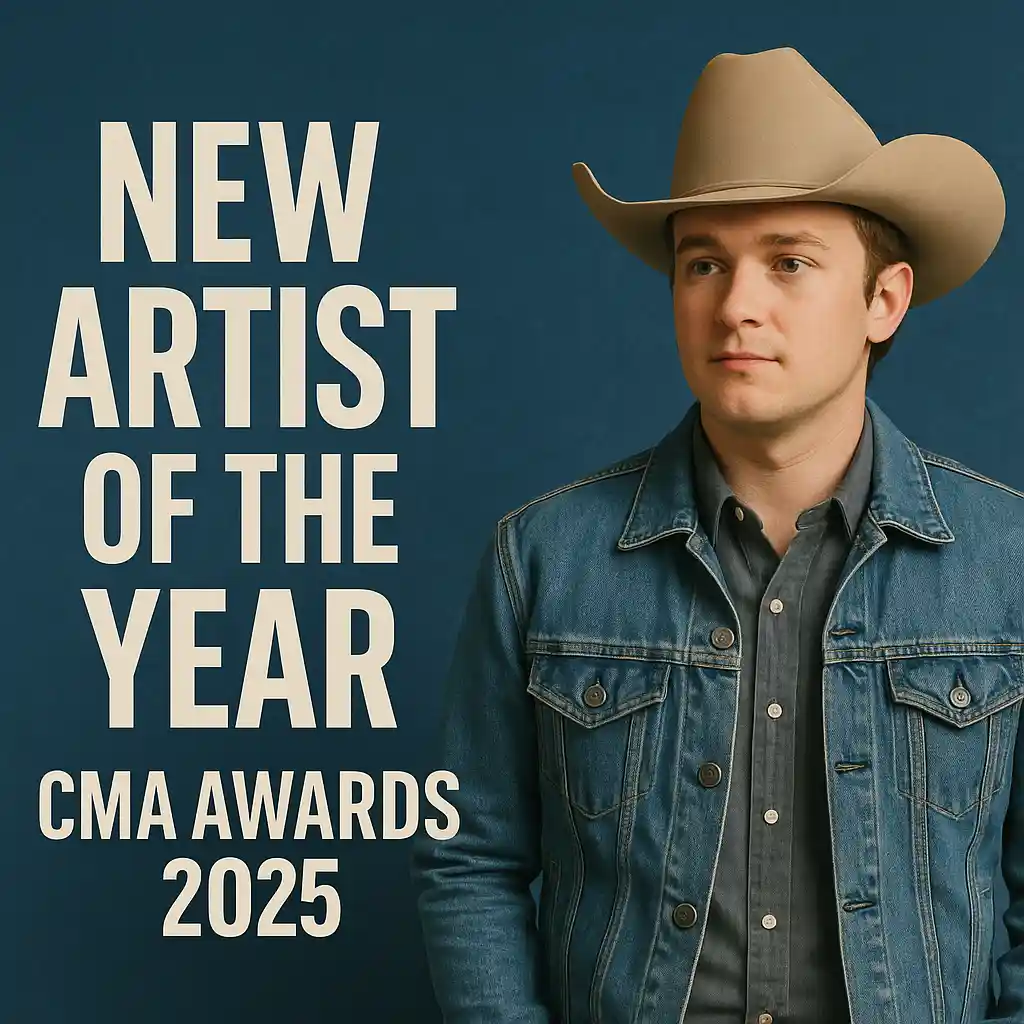 A young male country artist in a cowboy hat and denim jacket stands against a blue backdrop with bold text reading “New Artist of the Year – CMA Awards 2025.”