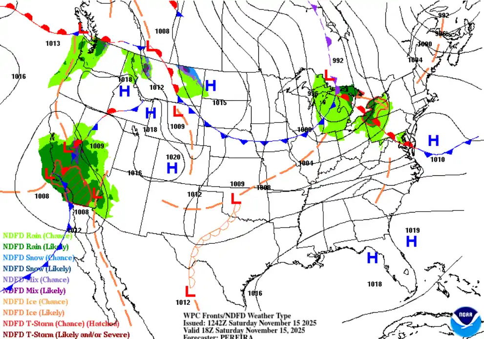 NOAA WPC weather map showing storm systems linked to the California flood warning, courtesy of NOAA/WPC (Public Domain).