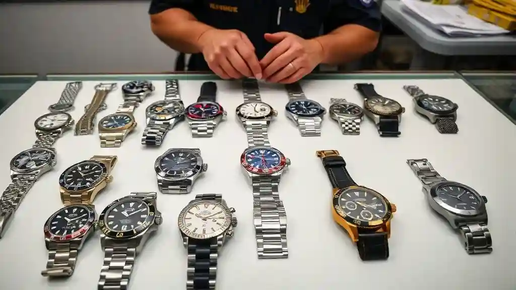 Counterfeit luxury watches seized by CBP in Chicago, including Rolex and Richard Mille replicas, displayed on inspection table.