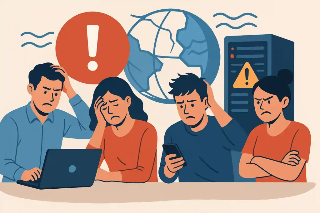 A landscape illustration of frustrated people reacting to internet failures, symbolizing the impact of the Cloudflare outage through warning icons and broken network visuals.
