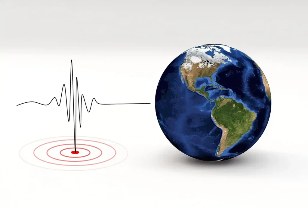 Illustration showing global seismic waves and earthquake epicentre, symbolizing the Cyprus earthquake near Paphos.