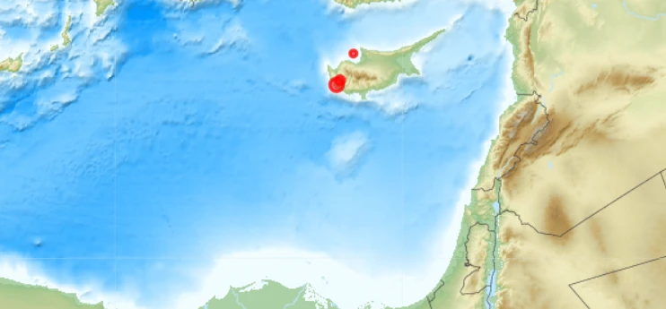 Map showing the epicentre of the Cyprus earthquake near Paphos in the eastern Mediterranean region.