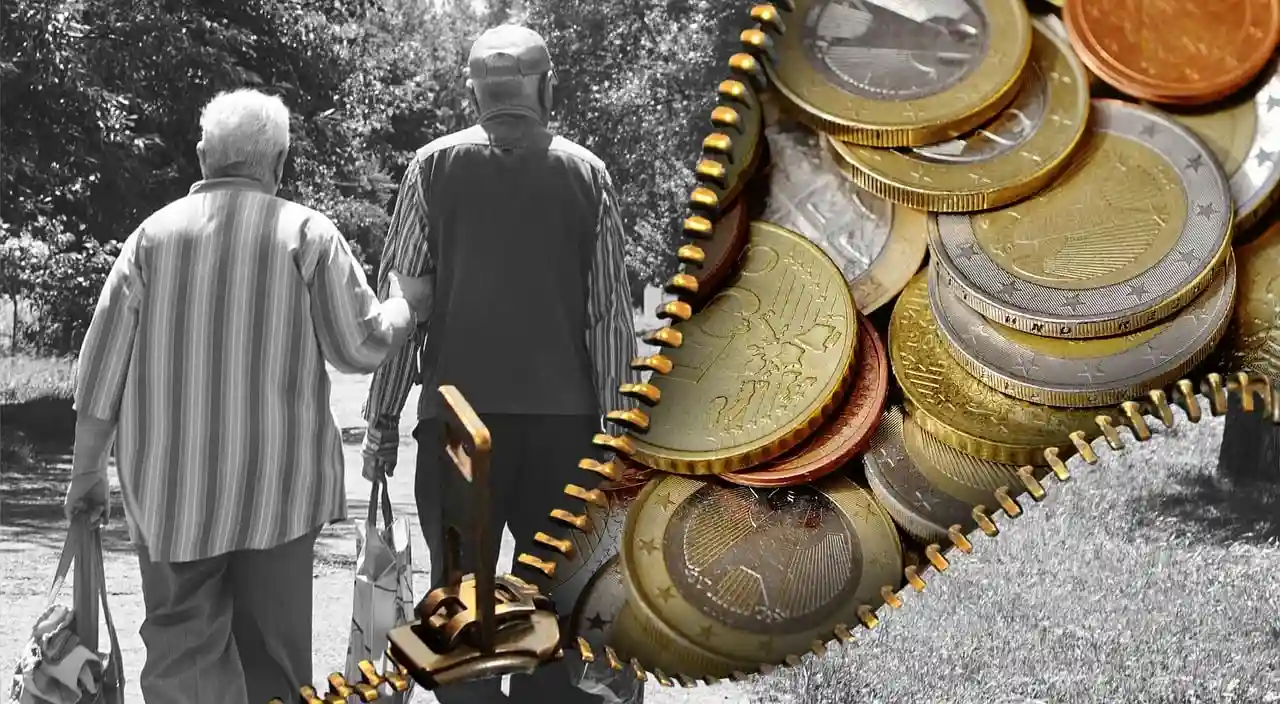 Elderly couple walking beside stacked coins, representing DWP payment support and financial stability.