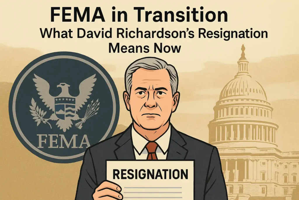 Illustration showing a FEMA official holding a resignation document, with the FEMA emblem and U.S. Capitol in the background, representing the David Richardson resignation.