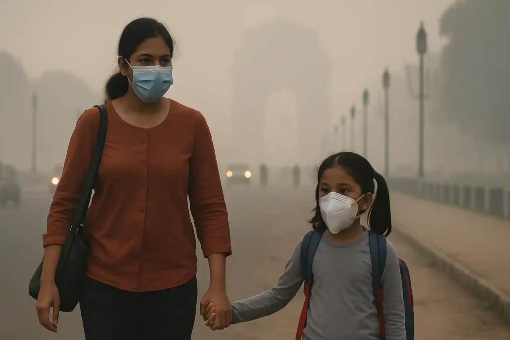 A mother and child wearing protective masks walk through dense smog near India Gate, highlighting Delhi air quality concerns.