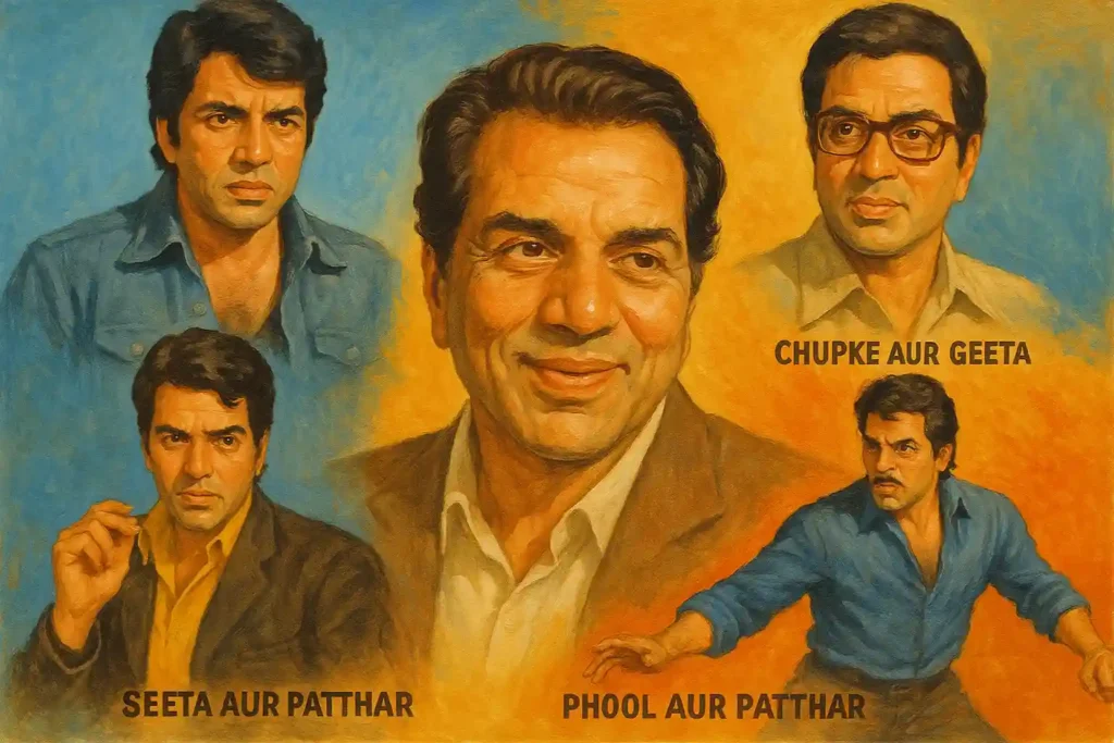 A landscape illustration of Dharmendra showcasing iconic scenes from Sholay, Chupke Chupke, Seeta Aur Geeta, and Phool Aur Patthar, created in tribute after Dharmendra passes away.