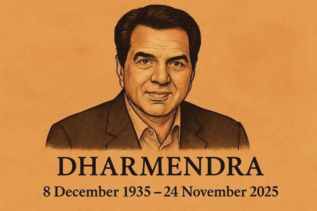 A hand-drawn digital portrait of Dharmendra with his birth and death dates, created as a tribute after Dharmendra passes away.