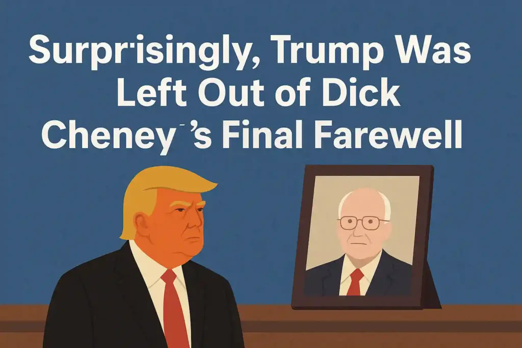 Illustration of Donald Trump looking serious beside a framed portrait of Dick Cheney, used to highlight Trump’s absence from the Dick Cheney funeral.