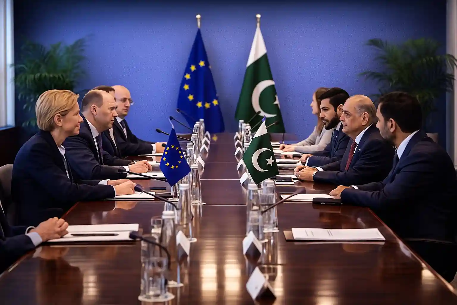 Two delegations from the European Union and Pakistan sit across a long conference table, with their ministers and assistants engaged in an official meeting, and EU and Pakistan flags displayed in the background.