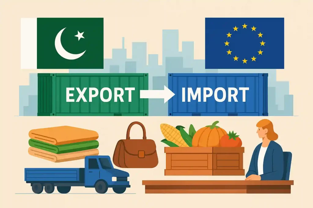 Illustration showing trade between Pakistan and the European Union, with export and import containers, national flags, textiles, leather goods, agricultural products, and a freight truck.