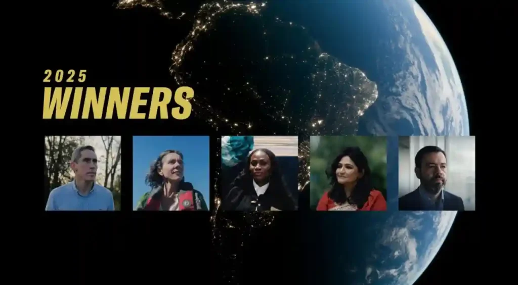 Group image showcasing five Earthshot Prize 2025 winners in portrait frames, displayed against a view of the Earth from space.