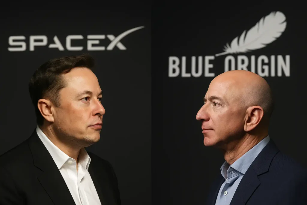 AI-generated landscape image showing Elon Musk in side view with the SpaceX logo on one side and Jeff Bezos in side view with the Blue Origin logo on the other, representing the rivalry highlighted by the Blue Origin rocket launch.