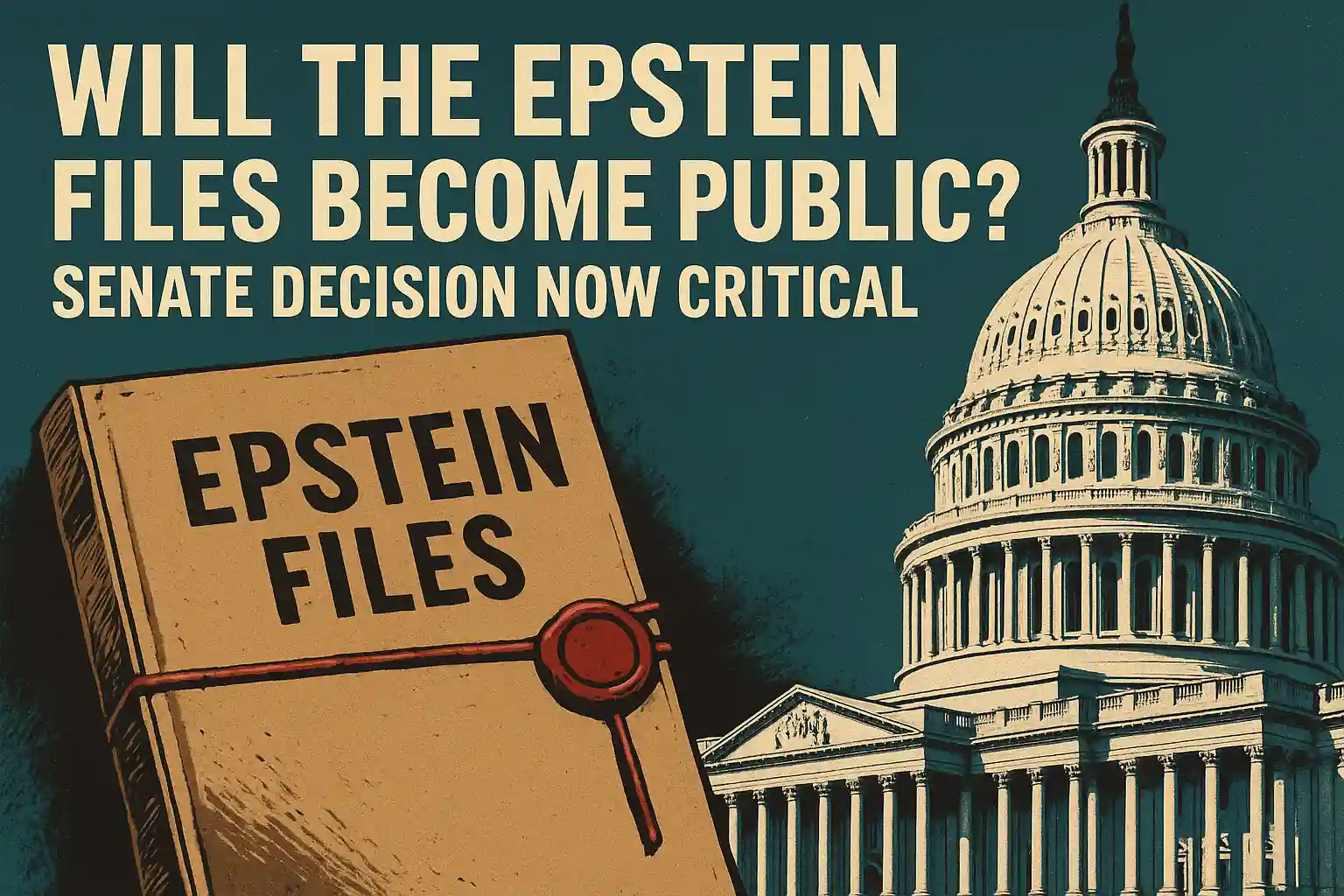 Illustration showing an Epstein Files folder and the U.S. Capitol dome, representing the Senate’s critical decision on the Epstein Files Release Bill.