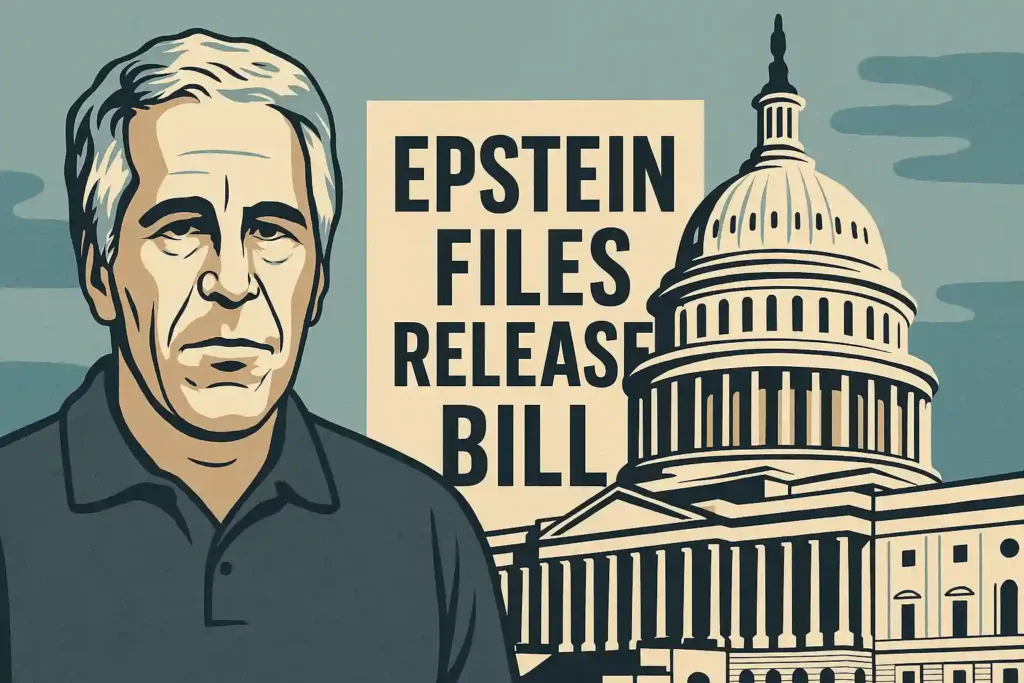 Illustration showing Jeffrey Epstein beside the U.S. Capitol with the text “Epstein Files Release Bill,” symbolizing the push for public disclosure of the DOJ records.