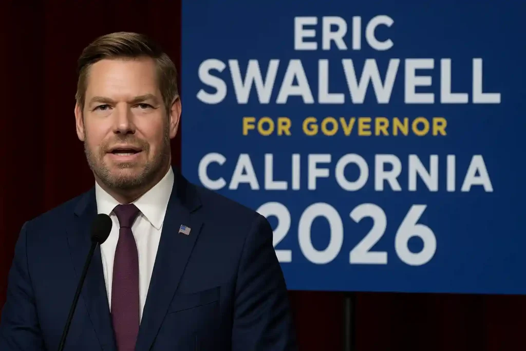 Eric Swalwell speaking at a podium during the Eric Swalwell campaign announcement for the 2026 California governor race, shown beside a campaign banner.