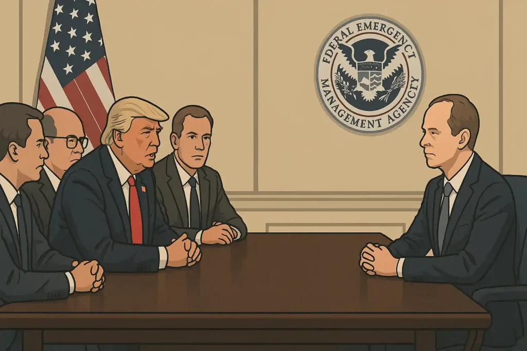 Fema Meeting Tension A landscape illustration showing Donald Trump and his team seated on the left side of a large conference table, while David Richardson sits alone on the right side, depicting tension surrounding the David Richardson resignation.