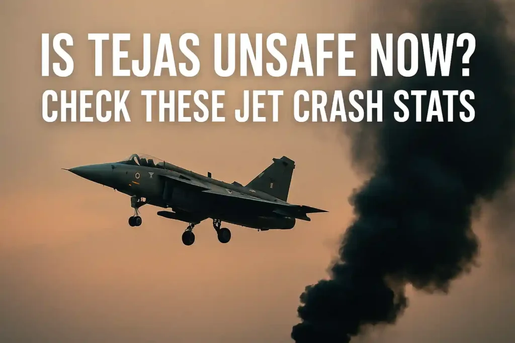 A HAL Tejas fighter jet flying at low altitude with dark smoke rising in the background during sunset, illustrating a discussion on global fighter jet crash statistics.