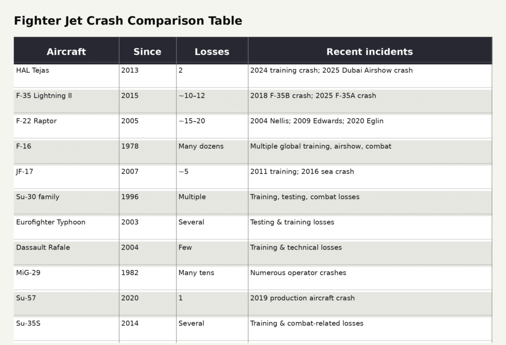 Comparison table showing operational dates, loss counts, and recent incidents for major fighter jets, used to illustrate global fighter jet crash data.