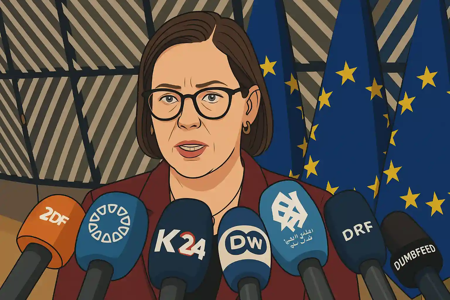 AI-generated illustration of Maria Malmer Stenergard speaking at a press conference, surrounded by international media microphones including Dumbfeed, with EU flags in the background—used in an article about Frozen Russian Money.