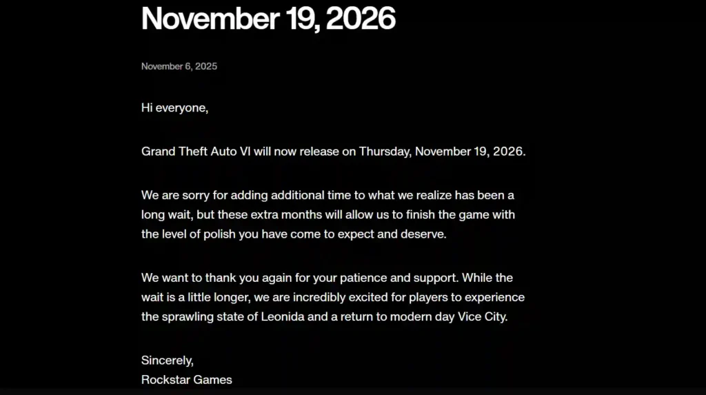 Rockstar Games announces GTA 6 release date and apologizes for delay