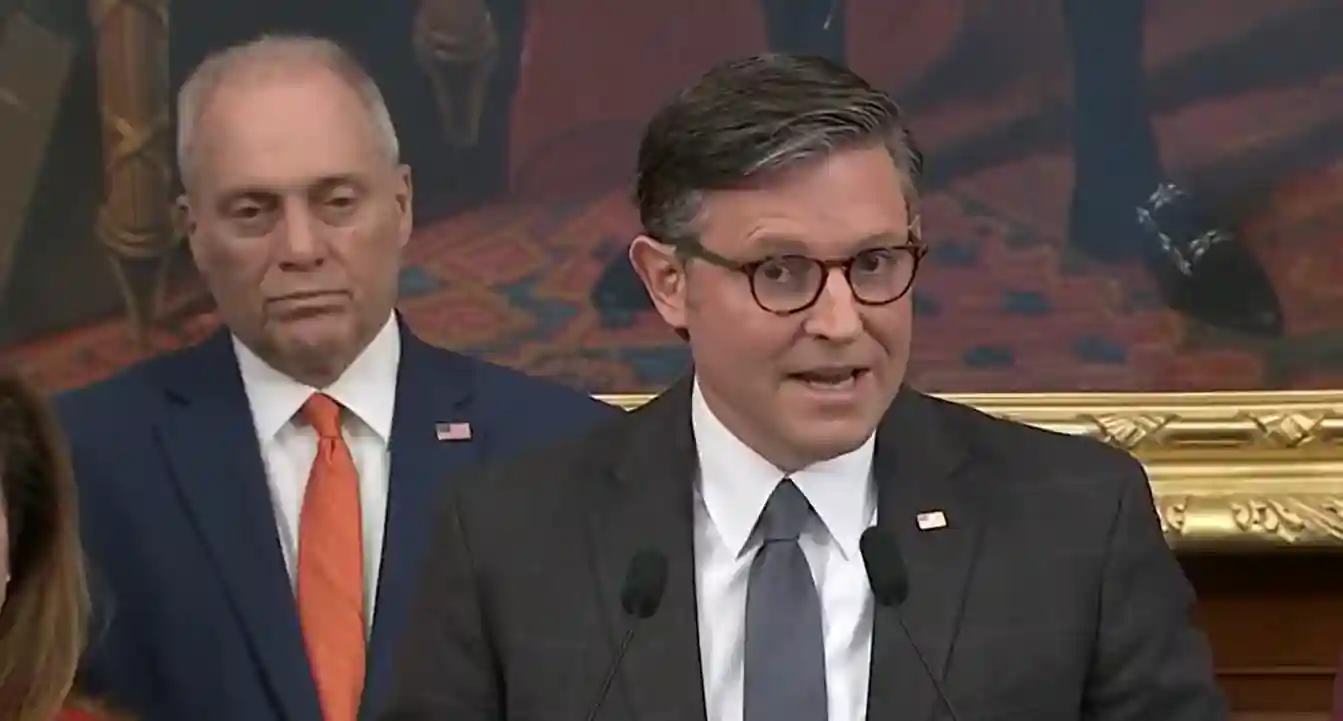 Speaker Mike Johnson addresses reporters during a press briefing on the government shutdown blame game in Washington.