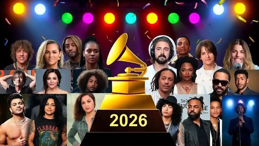 Collage of top music artists nominated for the 2026 Grammy Awards, featuring Kendrick Lamar, Lady Gaga, Bad Bunny, and Sabrina Carpenter with a Grammy trophy.