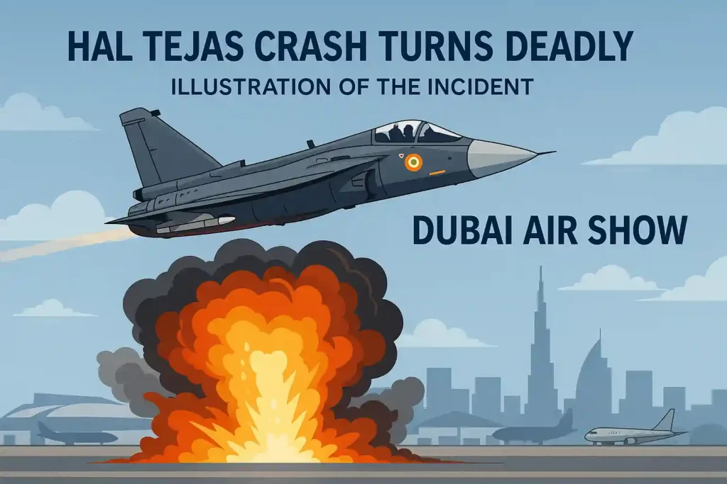 A digital illustration showing a HAL Tejas fighter jet above a fiery explosion at the Dubai Air Show, symbolizing the HAL Tejas crash during the demonstration.