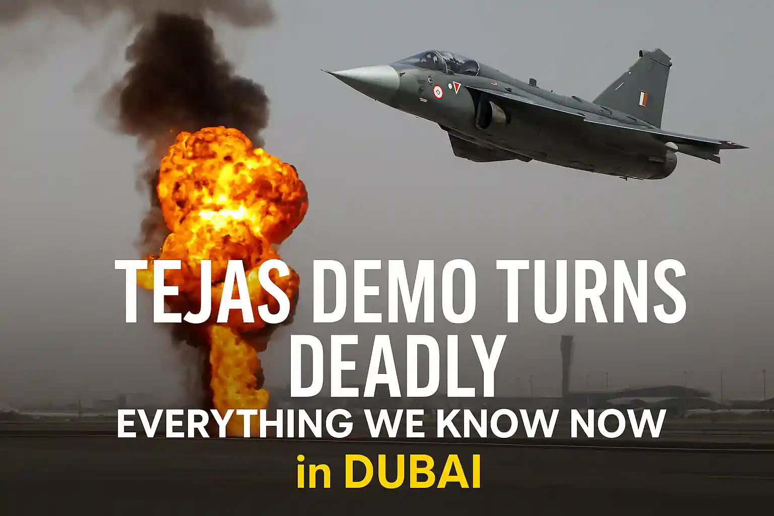 A HAL Tejas jet flying above a fiery explosion at the Dubai Air Show, visually representing the HAL Tejas crash during an aerobatic demo.