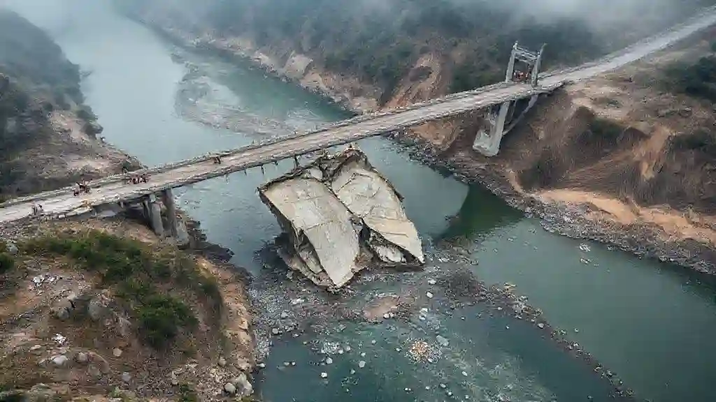 Collapsed section of the Hongqi Bridge in Sichuan, China, after a landslide destroyed part of the structure.