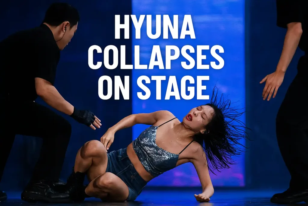 A performer collapses on stage during a live show as two crew members rush forward to help under dramatic blue lighting.