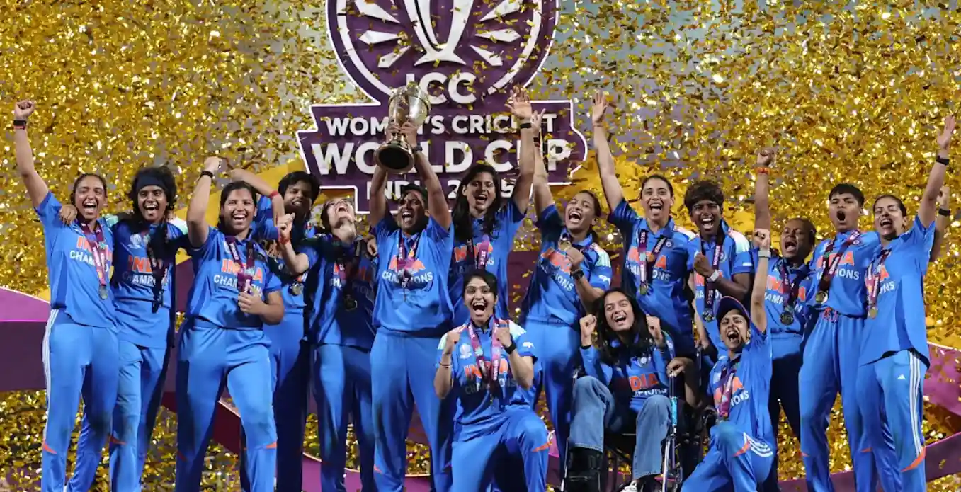 Indian women’s cricket team celebrates victory after winning the ICC Women’s Cricket World Cup 2025 final in Navi Mumbai.