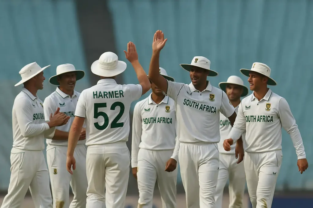 South African cricket team celebrating on the field after taking a wicket, with players standing at a distance and no clear faces visible.