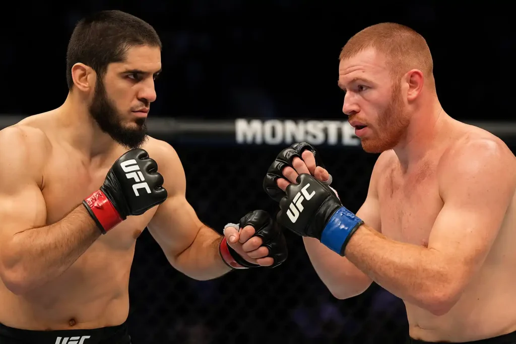 Islam Makhachev and Jack Della Maddalena face each other inside the UFC Octagon during a tense moment in their welterweight fight.
