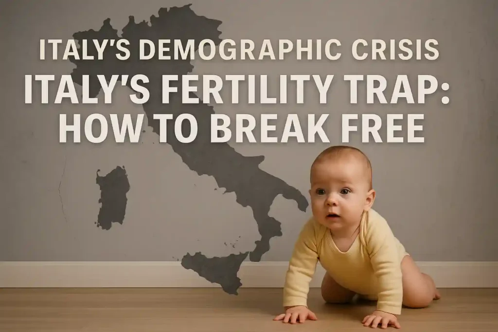 A baby crawling in front of a faded map of Italy with the headline about the Italy demographic crisis, symbolizing the nation’s struggle with falling fertility.